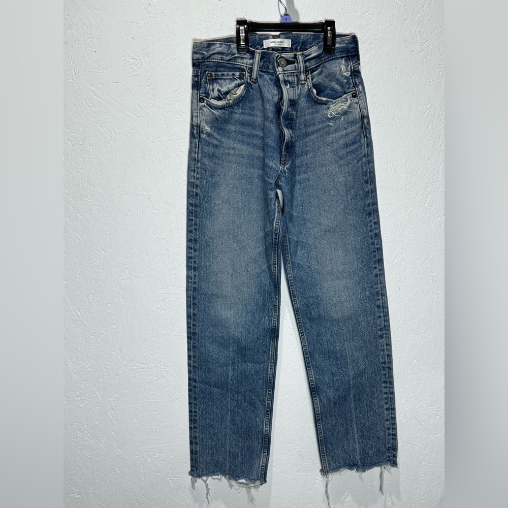 Moussy Distressed Straight-Leg Blue Jeans